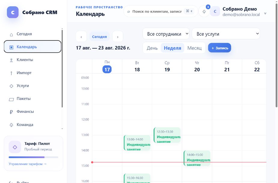 Недельный календарь Собрано CRM с записями