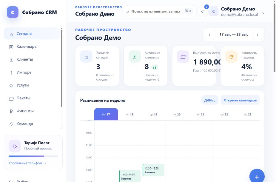 Рабочий обзор Собрано CRM с показателями и недельным расписанием